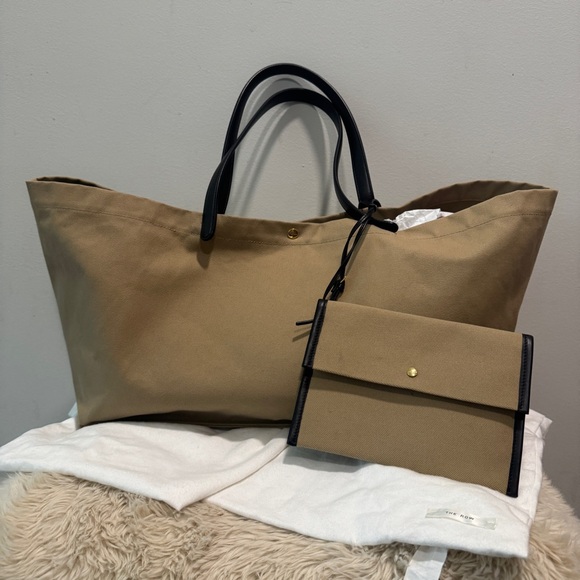 The Row Handbags - The Row XL Idaho Tote Being Canvas Leather Trim W1592 W253 + Pouch